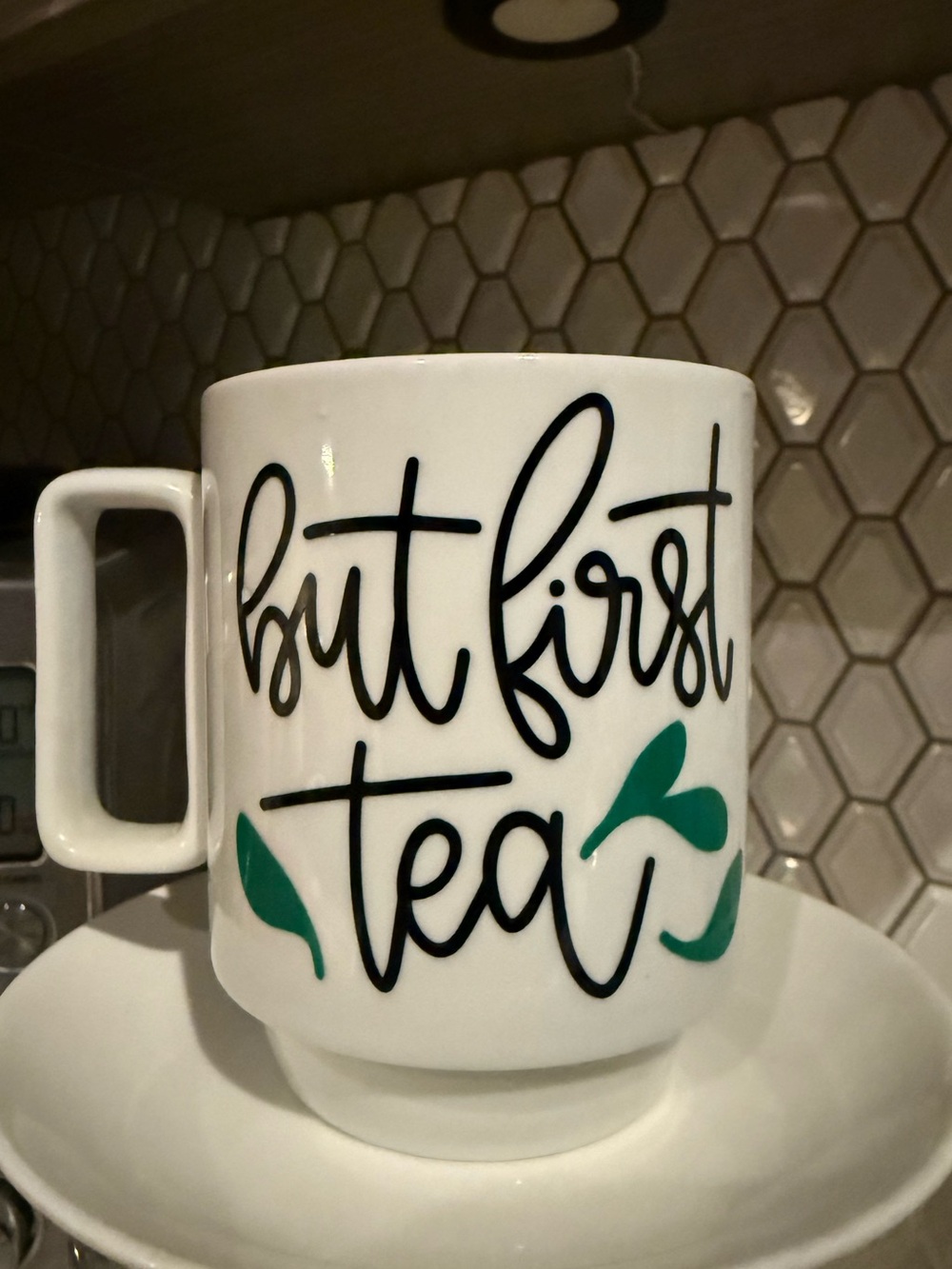 "But First Tea" White Ceramic Mug with Teal Leaf Accents